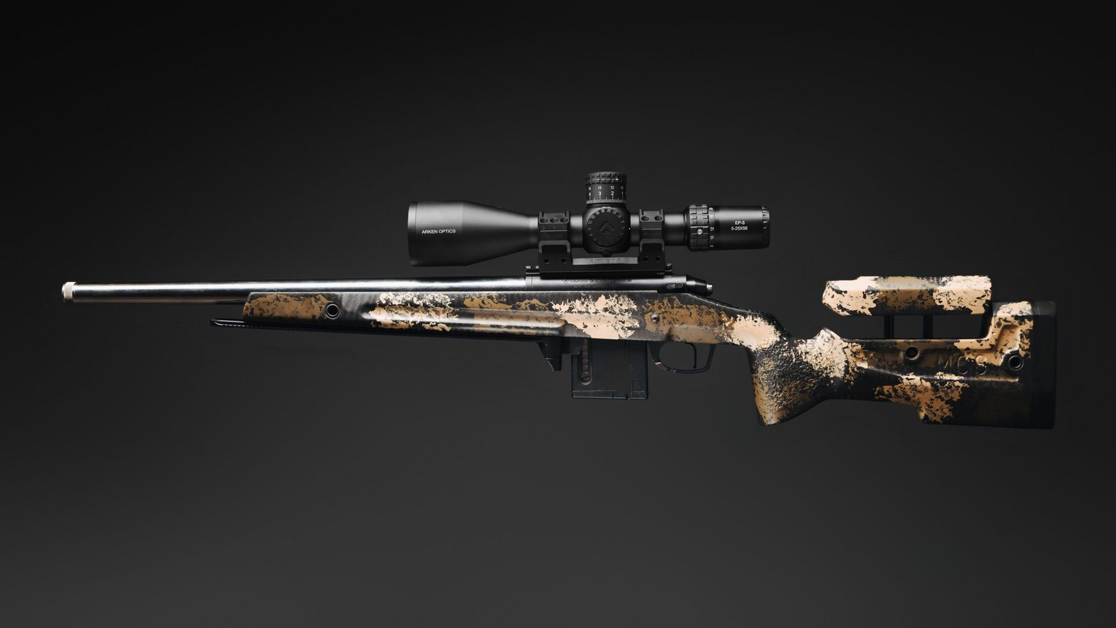 ARKEN EP5 Gen II 5–25×56 riflescope mounted on a camouflage rifle